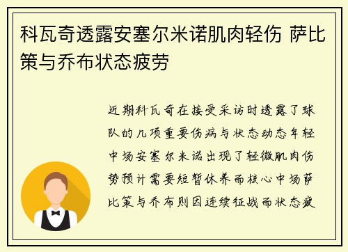 科瓦奇透露安塞尔米诺肌肉轻伤 萨比策与乔布状态疲劳